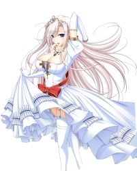 Rule 34 | 1girl, absurdres, bare shoulders, blue eyes, breasts, charlotte hazellink, cleavage, clothes lift, covered erect nipples, dress, dress lift, earrings, elbow gloves, frills, garter belt, gathers, gloves, highres, jewelry, komori kei, large breasts, long hair, necklace, pink hair, princess lover, simple background, solo, thighhighs, tiara, white thighhighs
