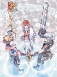 Rule 34 | 1girl, 2boys, absurdres, blue eyes, boots, breasts, brown hair, checkered floor, circle formation, closed mouth, dress, emblem, facing viewer, fingerless gloves, flower, full body, gloves, grin, happy, heart, highres, holding, holding weapon, hood, hoodie, jacket, jewelry, kairi (kingdom hearts), key, keyblade, kingdom hearts, kingdom hearts iii, looking at viewer, looking back, looking up, medium breasts, mok 73, multiple boys, necklace, outstretched arms, pants, parted lips, red hair, riku (kingdom hearts), shoes, short hair, silver hair, skirt, sleeveless, sleeveless jacket, smile, sneakers, sora (kingdom hearts), spiked hair, standing, teeth, weapon, zipper, zipper pull tab