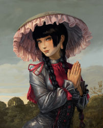 Rule 34 | 1girl, ajirogasa, amibazh, bird, black hair, blunt bangs, blush, braid, brown eyes, capelet, closed mouth, cloud, cloudy sky, commentary request, day, dress, earlobes, grey dress, hat, long earlobes, long hair, long sleeves, looking at viewer, outdoors, owl, red capelet, red lips, sky, smile, solo, tassel, touhou, tree, twin braids, upper body, yatadera narumi