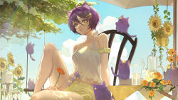 Rule 34 | 1girl, absurdres, animal ear fluff, animal ears, arm scrunchie, bare shoulders, cat, chair, commentary request, commission, cup, drinking glass, flower, hair ornament, hairclip, halterneck, highres, indie virtual youtuber, jean faymas (vtuber), mailbox (incoming mail), outdoors, pitcher (container), purple cat, purple hair, short hair, shorts, sitting, skeb commission, sky, solo, summer, sunflower, table, tank top, uyuyuun, virtual youtuber, white tank top, yellow eyes, yellow shorts
