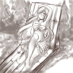 Rule 34 | 1girl, arm up, barefoot, beach chair, bikini, body freckles, breasts, disney, drew winchester, facing viewer, feet out of frame, freckles, gravity falls, hair over one eye, happy, highres, long hair, medium breasts, monochrome, one eye closed, outdoors, smile, solo, swimsuit, tree, underboob, very long hair, wendy corduroy