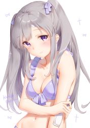 Rule 34 | 1girl, artist name, bandaid, bandaid on arm, bandaid on face, bandaid on forehead, bare shoulders, bikini, blush, bow, breasts, cleavage, closed mouth, collarbone, commentary request, eyelashes, frilled bikini, frills, front-tie bikini top, front-tie top, grey hair, groin, hair bow, highres, idolmaster, idolmaster shiny colors, kinako (shiratama mochi), long hair, looking at viewer, medium breasts, navel, purple bikini, purple bow, purple eyes, sidelocks, simple background, solo, stomach, swimsuit, twintails, white background, yukoku kiriko