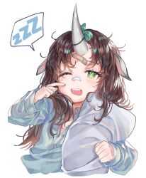 Rule 34 | 1girl, 414 (hncx3355), animal ears, arknights, bandaid, bandaid on face, bandaid on nose, blue shirt, brown hair, bubble (arknights), commentary request, green eyes, highres, horns, long hair, looking at viewer, one eye closed, open mouth, pillow, shirt, simple background, single horn, solo, spoken zzz, upper body, white background, zzz