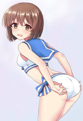 Rule 34 | 1girl, ass, bare arms, bare shoulders, bikini, blue background, blue sailor collar, blush, bow, breasts, brown eyes, brown hair, commentary request, from behind, hagiwara yukiho, hair between eyes, highres, idolmaster, idolmaster (classic), leaning forward, looking at viewer, looking back, momoda yasuhito, open mouth, sailor bikini, sailor collar, sailor swimsuit (idolmaster), short hair, small breasts, solo, striped, striped bow, swimsuit, white bikini