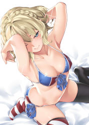 Rule 34 | 1girl, alternate costume, arched back, armpits, arms behind head, arms up, asymmetrical legwear, bare shoulders, bed sheet, bikini, black thighhighs, blonde hair, blue eyes, blush, braid, breasts, cleavage, colorado (kancolle), commentary request, ebifurya, eyes visible through hair, from above, front-tie top, highres, kantai collection, medium breasts, navel, one eye closed, pink lips, short hair, side-tie bikini bottom, side braids, sitting, skindentation, smile, solo, swimsuit, thighhighs, thighs, two-tone bikini, uneven legwear
