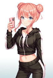 Rule 34 | 1girl, absurdres, arm at side, black jacket, blush, breasts, cellphone, closed mouth, collarbone, commentary request, contrapposto, cowboy shot, crop top, cropped jacket, double bun, gradient background, grey background, hair bun, hand up, highres, holding, holding phone, hood, hood down, hooded jacket, huge filesize, jacket, long sleeves, looking at viewer, medium breasts, midriff, multicolored clothes, multicolored jacket, navel, oert129, original, pants, phone, pink eyes, shirt, sidelocks, smile, solo, two-tone jacket, two-tone pants, white background, white jacket, white shirt