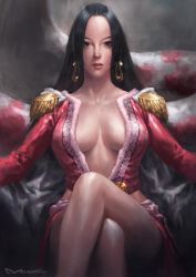 Rule 34 | 1girl, bare legs, black hair, boa hancock, breasts, center opening, cleavage, crossed legs, earrings, epaulettes, jewelry, long hair, looking at viewer, medium breasts, midriff, no bra, one piece, parted bangs, revealing clothes, sitting, skirt, snake, solo, yutthaphong kaewsuk