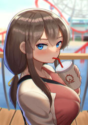 Rule 34 | 1girl, beige jacket, between breasts, blue eyes, blurry, blurry background, blush, bralines, breasts, brown hair, collarbone, commentary request, cup, day, disposable cup, drinking straw, drinking straw in mouth, ferris wheel, hair between eyes, large breasts, long hair, looking at viewer, maku ro, original, outdoors, railing, red shirt, roller coaster, shirt, sidelocks, solo, standing, strap between breasts, undersized bra, upper body, wooden floor