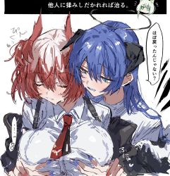 Rule 34 | 2girls, animal ears, arknights, bird ears, black halo, black jacket, black wings, blue eyes, blue hair, blue tongue, blush, breasts, collared shirt, colored tongue, dark halo, demon horns, earclip, energy wings, female focus, fiammetta (arknights), grabbing, grabbing another&#039;s breast, grabbing from behind, hair between eyes, halo, highres, horns, jacket, kal&#039;tsit (arknights), long hair, medium breasts, mostima (arknights), multiple girls, na tarapisu153, necktie, off shoulder, open clothes, open jacket, open mouth, red hair, red necktie, shirt, short hair, short necktie, sketch, speech bubble, sweat, translation request, upper body, white background, white shirt, wings, yuri
