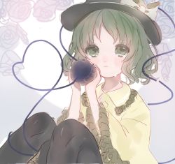 Rule 34 | 1girl, black hat, black pantyhose, bow, flower, frilled shirt collar, frilled sleeves, frills, green eyes, green hair, hat, hat bow, heart, heart of string, highres, knees up, komachi (pixiv), komeiji koishi, looking at viewer, pantyhose, parted lips, shirt, solo, tears, third eye, touhou, yellow shirt