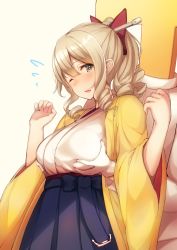 Rule 34 | 10s, 1boy, 1girl, blonde hair, blue eyes, blue hakama, bow, grabbing another&#039;s breast, breasts, drill hair, grabbing, hair bow, hakama, hakama skirt, hatakaze (kancolle), hetero, highres, japanese clothes, kantai collection, kimono, large breasts, meiji schoolgirl uniform, military, military uniform, naval uniform, one eye closed, red bow, short hair, skirt, t-head admiral, tobi-mura, uniform, wide sleeves, yellow kimono