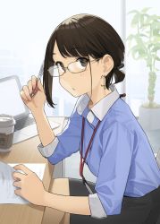 Rule 34 | 1girl, blue shirt, brown eyes, brown hair, coffee cup, commentary request, computer, crossed legs, cup, desk, disposable cup, douki-chan (douki-chan), earrings, ganbare douki-chan, glasses, highres, holding, holding pen, id card, jewelry, laptop, light blush, looking at viewer, office lady, pantyhose, paper, parted lips, pen, pencil skirt, shirt, short hair, skirt, solo, yomu (sgt epper)