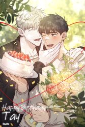 Rule 34 | 2boys, birthday, bouquet, brown eyes, brown hair, cake, closed eyes, flower, food, hands on another&#039;s face, happy birthday, highres, ilay riegrow, jeong taeui, male focus, multiple boys, o ssion, one eye closed, passion (manhwa), rose, smile, strawberry cake, white hair, yaoi