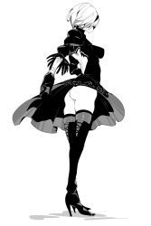 Rule 34 | 1girl, ass, black dress, black gloves, black thighhighs, blindfold, breasts, chris (mario), dress, full body, gloves, greyscale, hairband, high heels, monochrome, nier (series), nier:automata, panties, short hair, solo, thighhighs, underwear, white background, white hair, 2b (nier:automata)