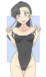 Rule 34 | 1girl, asymmetrical bangs, bare shoulders, black hair, black one-piece swimsuit, blue eyes, breasts, brown eyes, clothes pull, commentary request, competition swimsuit, covered navel, cowboy shot, forehead, girls und panzer, gluteal fold, highleg, highleg swimsuit, highres, long hair, medium breasts, nishi kinuyo, one-piece swimsuit, one-piece swimsuit pull, ponytail, renshiu, solo, standing, swimsuit