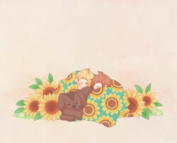 Rule 34 | 2boys, blonde hair, boney, brothers, brown dog, brown hair, claus (mother 3), closed eyes, colored eyelashes, floral print, flower, highres, lucas (mother 3), male focus, mother (game), mother 3, multiple boys, nintendo, sasa (toriiro), short hair, siblings, simple background, sleeping, sunflower, sunflower print, under covers, white background, yellow flower