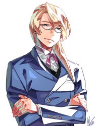 Rule 34 | 1boy, ace attorney, blonde hair, blue jacket, breast pocket, buttons, closed mouth, collared shirt, crossed arms, dated, double-breasted, drill hair, glasses, highres, jacket, kristoph gavin, lapels, long sleeves, male focus, miz (bannako), neck ribbon, pink ribbon, pocket, ribbon, shirt, signature, simple background, smile, solo, suit jacket, swept bangs, upper body, white background, white shirt