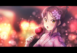 Rule 34 | 1girl, :o, blurry, blush, bokeh, candy apple, depth of field, floral print, flower, food, hair bun, hair flower, hair ornament, hair up, hairclip, holding, holding food, japanese clothes, kimono, letterboxed, looking at viewer, love live!, love live! school idol festival, love live! sunshine!!, otsumami (otsu-mugi), pink flower, pink kimono, red eyes, sakurauchi riko, sidelocks, single hair bun, solo, upper body, yellow eyes