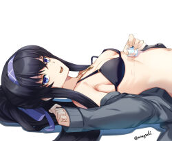 Rule 34 | 1girl, aona (anagasaki), bare shoulders, bikini, black bikini, black hair, blue archive, blue eyes, blush, breasts, collarbone, grey sweater, hairband, halo, jewelry, long hair, long sleeves, looking at viewer, lying, navel, necklace, on back, open clothes, open mouth, ponytail, sidelocks, small breasts, smile, solo, sweater, swimsuit, ui (blue archive), ui (swimsuit) (blue archive)