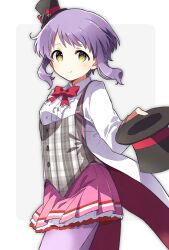 Rule 34 | black headwear, border, bow, bowtie, breasts, buttons, commentary, dot nose, grey background, grey vest, hand up, hat, highres, holding, holding clothes, holding hat, idolmaster, idolmaster million live!, jacket, layered skirt, light blush, long sleeves, looking at viewer, makabe mizuki, mini hat, open clothes, open jacket, pantyhose, pink skirt, purple hair, purple pantyhose, red bow, red bowtie, shirt, short hair, sidelocks, skirt, small breasts, smile, symbol-only commentary, thighs, top hat, toro (shiro), unworn hat, unworn headwear, vest, wavy hair, white border, white jacket, white shirt, yellow eyes