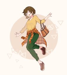 Rule 34 | 1girl, :d, alternate costume, bad id, bad twitter id, bag, brown footwear, brown hair, clothes around waist, full body, green pants, hiryuu (kancolle), jewelry, kantai collection, looking at viewer, necklace, one side up, open mouth, orange sweater, pants, plaid, plaid shirt, shakemi (sake mgmgmg), shirt, shirt around waist, shopping bag, short hair, simple background, smile, solo, sweater