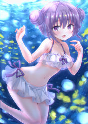 Rule 34 | 1girl, :d, absurdres, bare arms, bare legs, bare shoulders, bikini, bikini skirt, blush, breasts, cleavage, collarbone, commentary request, double bun, fish, freediving, frilled bikini, frills, gochuumon wa usagi desu ka?, groin, hands up, highres, long hair, looking at viewer, navel, open mouth, purple eyes, purple hair, sakuraume, small breasts, smile, solo, stomach, swimsuit, tedeza rize, thighs, underwater, water, white bikini