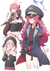 Rule 34 | 3girls, armband, aru (blue archive), blue archive, blush, collarbone, fidgeting, fuente, gloves, gun, head wings, highres, iroha (blue archive), jacket, koharu (blue archive), military, military uniform, multiple girls, open mouth, pink hair, red hair, rifle, school uniform, slit pupils, sniper rifle, sweat, nervous sweating, uniform, weapon, white background, wings