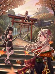 Rule 34 | 3girls, absurdres, ahoge, animal ear fluff, animal ears, architecture, autumn, autumn leaves, bird, black skirt, black thighhighs, blue eyes, breasts, castle, check commentary, choker, cliff, collarbone, commentary request, day, detached sleeves, east asian architecture, evening, falling leaves, fox ears, fox girl, fox tail, full body, green eyes, highres, hololive, horns, japanese clothes, kimono, leaf, long hair, looking at viewer, maple leaf, mask, multiple girls, nakiri ayame, nakiri ayame (1st costume), obi, obiage, obijime, oni mask, ookami mio, ookami mio (1st costume), outdoors, pleated skirt, red choker, red eyes, ribbon choker, roboqlo, sash, scenery, school uniform, serafuku, shirakami fubuki, shrine, sidelocks, single thighhigh, sitting, skin-covered horns, skirt, small breasts, stairs, standing, stone stairs, tail, thighhighs, torii, virtual youtuber, water, waterfall, white hair, white thighhighs, wolf ears, wolf girl, wolf tail, yellow eyes