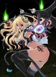 Rule 34 | armpits, black gloves, black panties, black thighhighs, blonde hair, breasts, chain, cleavage, demon girl, demon tail, gloves, horns, jewelry, large breasts, magic, midriff, navel, necklace, nyanko batake, open mouth, original, outstretched arms, panties, red eyes, side-tie panties, smile, solo, spread arms, tail, thighhighs, underwear, wings