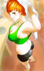 Rule 34 | 1girl, ass, barefoot, bike shorts, blush, breasts, brown eyes, butt crack, cleavage, highres, large breasts, orange hair, persona, persona 4, satonaka chie, shorts, solo, tagme, tank top, towel