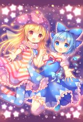 Rule 34 | 2girls, american flag dress, american flag legwear, american flag shirt, blonde hair, blue dress, blue eyes, blue hair, bow, cirno, clownpiece, coa (chroo x), dress, fairy, fairy wings, frilled dress, frilled shirt collar, frills, hair bow, hat, holding hands, ice, ice wings, jester cap, leggings, long hair, multiple girls, neck ruff, open mouth, pantyhose, puffy short sleeves, puffy sleeves, red bow, red eyes, ribbon, short hair, short sleeves, star (symbol), striped clothes, striped pantyhose, touhou, wings