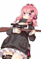 Rule 34 | 1girl, bad id, bad pixiv id, black jacket, blush, bolt action, breasts, cleavage, closed mouth, commentary, cowboy shot, fingernails, frilled jacket, frills, girls&#039; frontline, gun, hair between eyes, hair intakes, hair ornament, hasegawa (rarairairai), headphones, highres, holding, holding gun, holding weapon, jacket, k31, k31 (girls&#039; frontline), long hair, long sleeves, looking at viewer, name connection, o-ring, object namesake, pink hair, purple eyes, rifle, scope, sidelocks, simple background, skindentation, sleeves past wrists, small breasts, smile, sniper rifle, solo, thigh gap, thigh strap, weapon, white background, x hair ornament