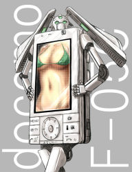 Rule 34 | ao usagi, bikini, breasts, cellphone, commentary request, green bikini, large breasts, navel, no humans, non-humanoid robot, original, personification, phone, robot, screen, solo, swimsuit