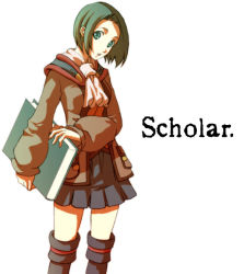 Rule 34 | 00s, 1girl, black footwear, black skirt, book, boots, brown jacket, character name, female focus, final fantasy, final fantasy xi, green eyes, green hair, holding, holding book, hume, jacket, knee boots, long sleeves, looking at viewer, open clothes, open jacket, pink scarf, pocket, puffy long sleeves, puffy sleeves, scarf, scholar (final fantasy), short hair, simple background, skirt, solo, standing, thighhighs, white background, zettai ryouiki