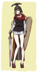 Rule 34 | 1girl, armor, bare legs, blonde hair, blue eyes, cape, chainmail, hand rest, helmet, holding, holding shield, long hair, muutya, original, shield, signature, simple background, solo, sword, weapon
