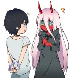 Rule 34 | 10s, 1boy, 1girl, arms behind head, black hair, blush, bow, colored skin, commentary, couple, darling in the franxx, english commentary, grey shirt, highres, hiro (darling in the franxx), horns, k 016002, long hair, looking at another, parka, pink hair, red skin, shirt, short hair, zero two (darling in the franxx)