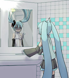 Rule 34 | 2girls, aqua eyes, aqua hair, aqua shirt, bare shoulders, bathroom, black legwear, commentary, cowboy shot, detached sleeves, dual persona, faucet, floating hair, from behind, hair ornament, hatsune miku, hatsune miku (append), highres, long hair, looking at mirror, mikidar, mirror, multiple girls, necktie, reflection, shaded face, shirt, skirt, sleeveless, sleeveless shirt, surprised, thighhighs, tiles, twintails, very long hair, vocaloid, vocaloid append