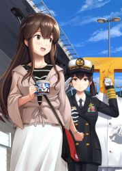 Rule 34 | 1boy, 2girls, admiral (kancolle), akagi (kancolle), alternate costume, bag, black jacket, black pants, blue sky, blush, breasts, brown eyes, brown hair, buttons, casual, cloud, collarbone, collared shirt, cup, day, double-breasted, gloves, grabbing, grabbing another&#039;s breast, hat, highres, holding, holding cup, ichikawa feesu, jacket, kaga (aircraft carrier), kaga (kancolle), kantai collection, lamppost, large breasts, long hair, medal, military, military uniform, multiple girls, naval uniform, necktie, open mouth, outdoors, pants, peaked cap, punching, salute, shirt, shoulder bag, side ponytail, skirt, sky, smile, striped clothes, striped shirt, t-head admiral, uniform, white jacket, white pants, white shirt, white skirt, wide sleeves, wristband