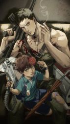 Rule 34 | 2boys, absurdres, assault rifle, blood, blood on clothes, blood splatter, candy, character request, child, commentary request, ctstudio (executional), food, gun, highres, holding, holding gun, holding weapon, lollipop, looking at viewer, looking up, male focus, mechanical arms, multiple boys, muscular, muscular male, one-punch man, rifle, short hair, shorts, single mechanical arm, smoking, weapon