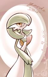 Rule 34 | 1girl, ame (metorui), bob cut, character name, closed mouth, colored skin, creatures (company), english text, expressionless, female focus, flat chest, game freak, gardevoir, gen 3 pokemon, green hair, green skin, hair over one eye, highres, looking at viewer, multicolored skin, muted color, nintendo, one eye covered, pokemon, pokemon (creature), red eyes, short hair, solo, standing, two-tone skin, white skin