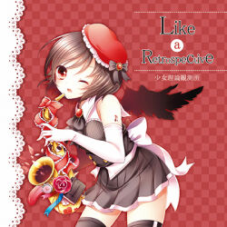 Rule 34 | 1girl, album cover, alternate costume, ascot, back bow, bare shoulders, bird wings, black ascot, black bow, black corset, black hair, black skirt, black thighhighs, black wings, bow, buttons, checkered background, clock, collared shirt, corset, cover, english text, feathered wings, flower, frilled bow, frilled corset, frilled hat, frills, gem, girls logic observatory, hair bow, hat, heart, heart print, holding, holding instrument, instrument, lace, looking at viewer, lowres, miniskirt, musical note tattoo, one eye closed, open mouth, pleated skirt, red background, red bow, red eyes, red flower, red gemstone, red hat, red rose, rose, sanotsuki, saxophone, shameimaru aya, shirt, short hair, shoulder tattoo, skirt, sleeveless, sleeveless shirt, smile, solo, tattoo, thighhighs, touhou, white bow, white shirt, white trim, wings, zettai ryouiki