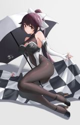 Rule 34 | 1girl, azur lane, black footwear, black hair, bow, brown eyes, checkered flag, cleavage cutout, clothing cutout, copyright name, elbow gloves, flag, gloves, hair flaps, highres, kafeifeifeifeifeifei jiemo jun, logo, long hair, looking at viewer, lying, multicolored leotard, on side, pantyhose, ponytail, race queen, simple background, solo, takao (azur lane), takao (full throttle charmer) (azur lane), two-tone leotard, umbrella, white background, white bow, white gloves, white umbrella