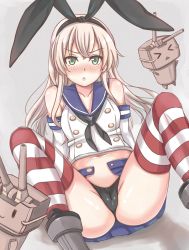 Rule 34 | &gt; &lt;, 10s, 1girl, ass, bare shoulders, belly, black panties, blonde hair, blush, cameltoe, closed eyes, elbow gloves, gloves, green eyes, hair ribbon, kantai collection, keikei (kitty colors), long hair, looking at viewer, navel, open mouth, panties, rensouhou-chan, revision, ribbon, sailor collar, shimakaze (kancolle), sitting, skirt, solo, spread legs, striped clothes, striped thighhighs, thighhighs, underwear, white gloves, | |