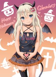 Rule 34 | 1girl, :q, absurdres, black dress, black thighhighs, blue eyes, blush, bow, bow panties, character name, choker, clothes writing, commentary request, costume, cowboy shot, criss-cross halter, demon horns, demon tail, demon wings, dress, fake horns, ghost, grecale (kancolle), hair bow, hair ribbon, halloween, halterneck, happy halloween, hat, heart, heart hands, heart print, highres, horns, italian text, jack-o&#039;-lantern, kantai collection, licking lips, long hair, looking at viewer, neko danshaku, panties, ribbon, see-through, single thighhigh, sleeveless, sleeveless dress, smile, solo, star (symbol), star print, string panties, tail, thighhighs, tongue, tongue out, underwear, wings, witch hat