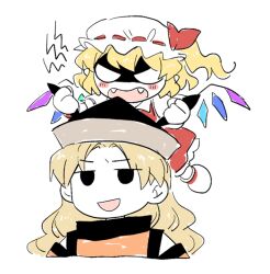 Rule 34 | 2girls, angry, black eyes, black headwear, blonde hair, blush, crystal, detached sleeves, fangs, flandre scarlet, flying, hat, hat ribbon, long hair, matara okina, mob cap, multicolored wings, multiple girls, one side up, open mouth, orange tabard, re ghotion, red vest, ribbon, shaded face, short hair, side ponytail, simple background, smile, tabard, touhou, vest, white background, white headwear, wings
