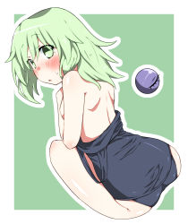 Rule 34 | 1girl, :o, ass, back, blush, breasts, clothes pull, covering privates, covering breasts, eyeball, from behind, green eyes, green hair, highres, komeiji koishi, kz oji, looking at viewer, no pupils, one-piece swimsuit pull, school swimsuit, sideboob, sitting, small breasts, solo, sweat, swimsuit, third eye, touhou, undressing
