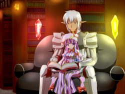 Rule 34 | 00s, 1boy, 1girl, armor, bad id, bad pixiv id, blush, book, bow, breasts, buront, couch, crescent, crossover, crystal, dress, elf, elvaan, final fantasy, final fantasy xi, fueiku, hair bow, hat, impossible clothes, library, long hair, medium breasts, patchouli knowledge, pauldrons, pointy ears, purple eyes, purple hair, red eyes, short hair, shoulder armor, silver hair, sitting, size difference, smile, touhou, voile