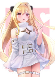 Rule 34 | 1girl, alternate color, bare shoulders, blonde hair, blush, breasts, cleavage, cleavage cutout, clothing cutout, cowboy shot, detached sleeves, dress, expressionless, hair between eyes, hand up, heart, heart background, highres, konjiki no yami, long hair, looking at viewer, medium breasts, parted lips, pepeo, red eyes, solo, star cutout, thigh strap, to love-ru, very long hair, white dress, wide sleeves
