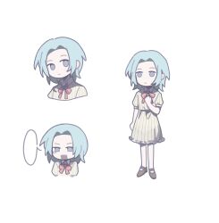 Rule 34 | 1girl, absurdres, blank speech bubble, blue eyes, blue hair, chinese commentary, closed mouth, collared dress, commentary request, dress, enomoto noa, full body, hand on own chest, highres, light blue hair, mary janes, multiple views, neck ribbon, no nose, open mouth, parted bangs, puffy short sleeves, puffy sleeves, red ribbon, ribbon, saibou shinkyoku, shoes, short hair, short sleeves, simple background, speech bubble, striped clothes, striped dress, sunoom17, tearing up, vertical-striped clothes, vertical-striped dress, white background, yellow dress