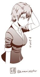 Rule 34 | 10s, 1girl, alternate hair length, alternate hairstyle, breasts, commentary request, earrings, eyepatch, from side, hand in own hair, jewelry, kantai collection, large breasts, monochrome, open collar, sazanami konami, shirt, short hair, short sleeves, sketch, solo, sweater, tenryuu (kancolle), translation request, twitter username, upper body, very short hair, white background